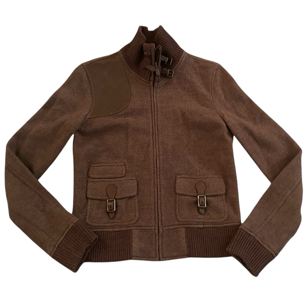 Ralph Lauren Wool Bomber Jacket herringbone leather accents zip front Small